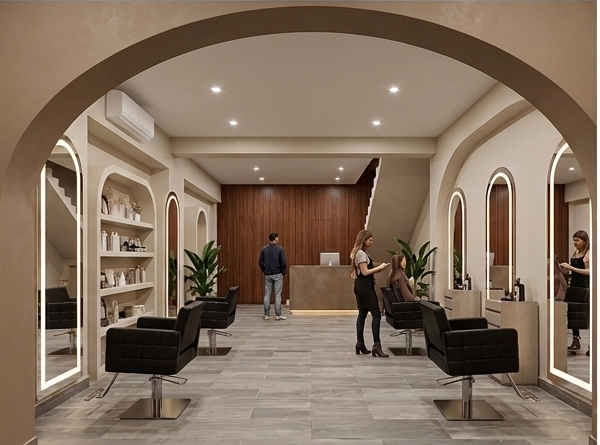 Interior de IXCHEL Maison de Beauté — arcos iluminados y estaciones de styling